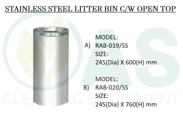 STAINLESS STEEL LITTER BIN C/W OPEN TOP