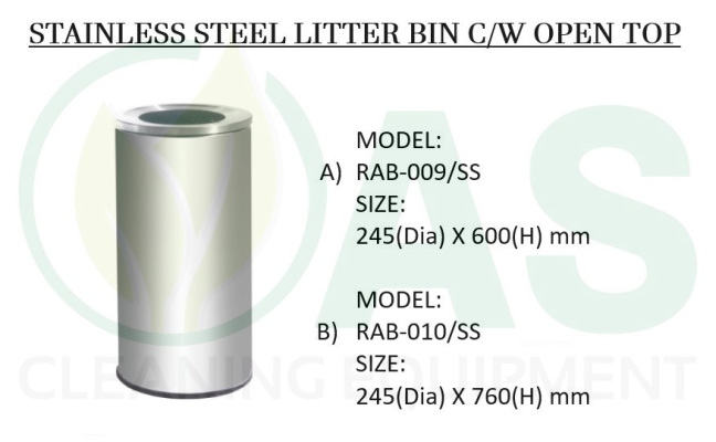 STAINLESS STEEL LITTER BIN C/W OPEN TOP