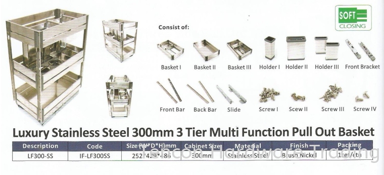 Luxury Stainless Steel 300mm 3 Tier Multi Function Pull Out Basket Pull Out Basket eTen Furniture Hardware