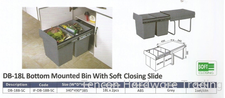 Bottom Mounted Bin With Soft Closing Slide Duster Bin eTen Furniture Hardware