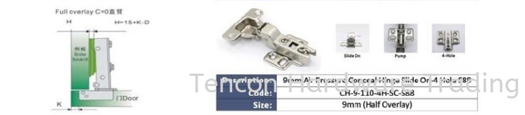 9mm Air Pressure Conceal Hinge Slide on-4 Hole Conceal Hinge eTen Furniture Hardware