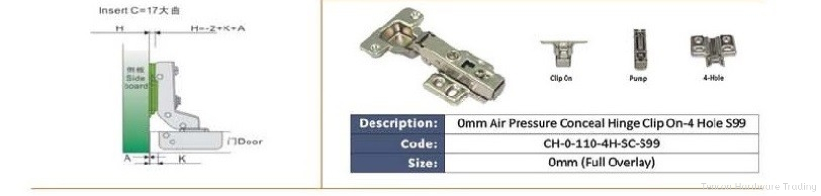 0mm Air Pressure Conceal Hinge Clip On-4 Hole