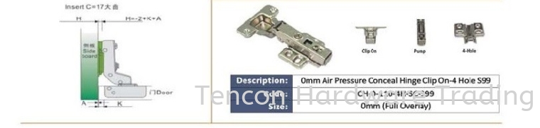 0mm Air Pressure Conceal Hinge Clip On-4 Hole Conceal Hinge eTen Furniture Hardware