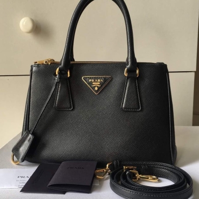 (SOLD) Prada Small Saffiano Lux Tote in Black with Strap