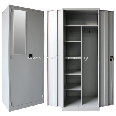 SCM-0001 Full Height Wardrobe with Steel Swinging Door C/W 1 Mirror & Cupboard Lock, 1 Top Shelf, 1 Divider, 4 Small Fixed Shelves & 1 Cloth Hanging Bar