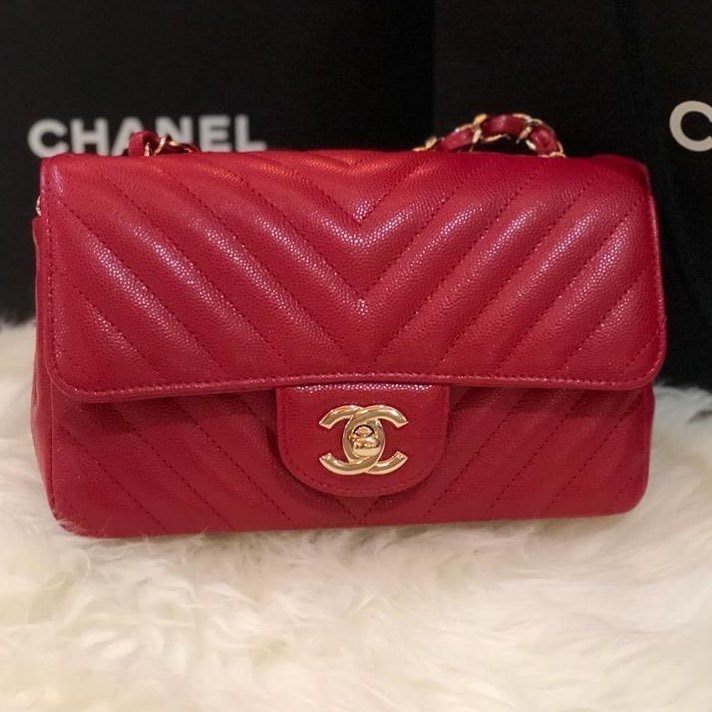SOLD) Brand New Chanel Mini Rectangle Chevron Red Caviar with GHW