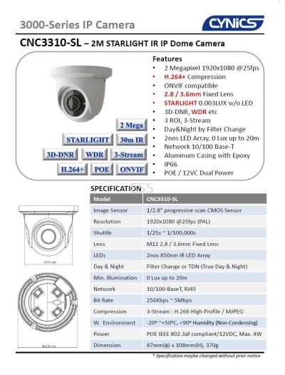 Cynics 2MP Starlight IP Dome Camera CNC-3310-SL