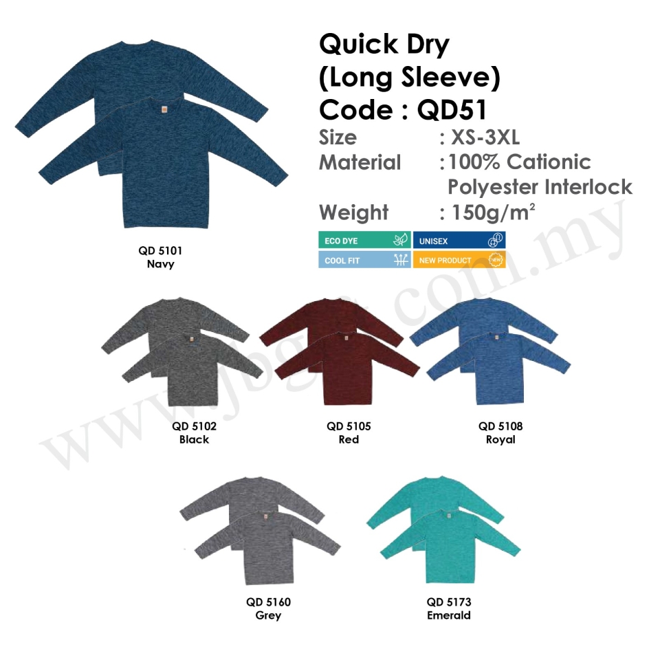 Quick Dry (Long Sleeve) T-Shirt Uniform 100% Cationic Polyester Interlock QD51 (Unisex) Dry Fit (Quick Dry) Uniform