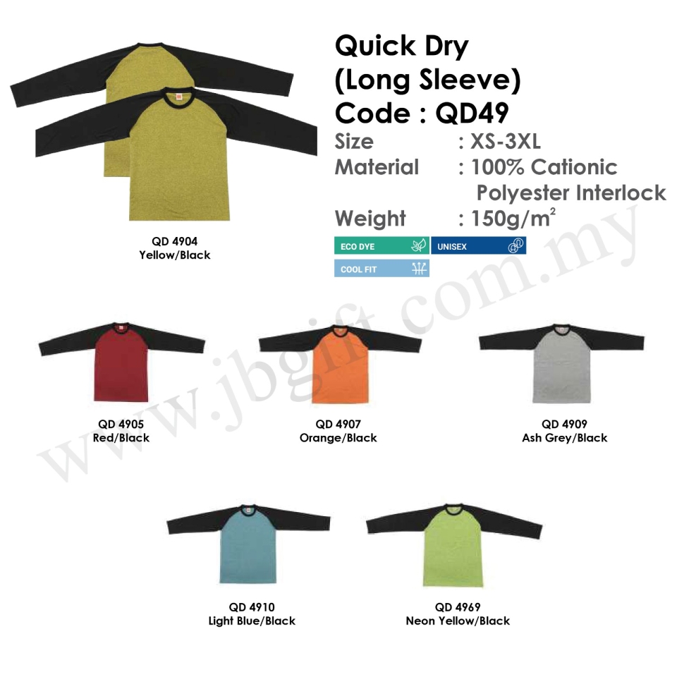 Quick Dry (Long Sleeve) T-Shirt Uniform 100% Cationic Polyester Interlock QD49 (Unisex) Dry Fit (Quick Dry) Uniform