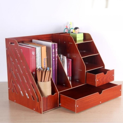 Triple Grid Wooden Office Table Organiser Document Rack with Drawer