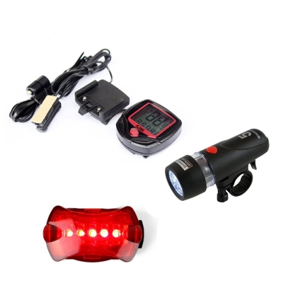 Cycling Maniac Bicycle Accessories Set (Front & Tail Light + Pedometer)