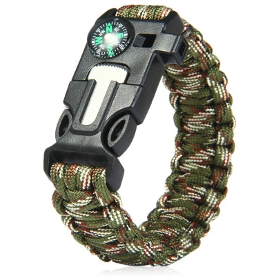 5 in 1 Outdoor Survival Paracord Bracelet-Flint Starter, Compass, Whistle, Paracord Rope (Camouflage Green)