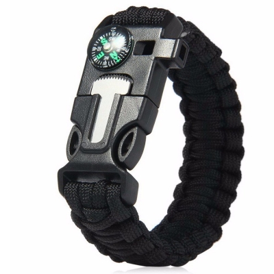 5 in 1 Outdoor Survival Paracord Bracelet-Flint Starter, Compass, Whistle, Paracord Rope (Black)