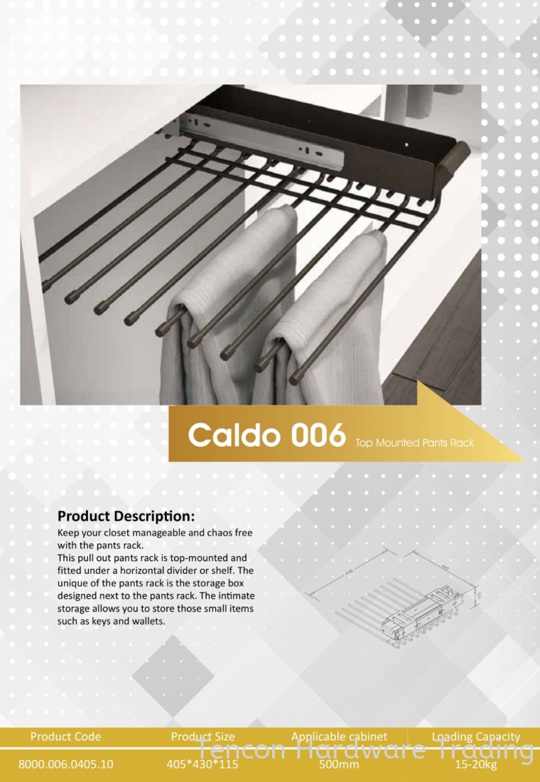 CALDO 006 TOP MOUNTED PANTS RACK 8000 SERIES CALDO WARDROBE ACCESSORIES Lufi Wardrobe Series