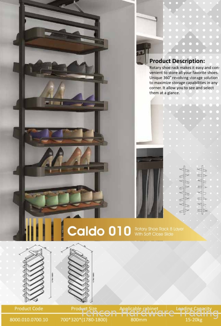 CALDO 010 ROTARY SHOE RACK 8 LAYER WITH SOFT CLOSE SLIDE 8000 SERIES CALDO WARDROBE ACCESSORIES Lufi Wardrobe Series