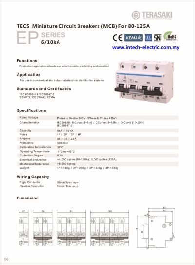 Terasaki TECS - DIN Modular 10KA,6KA(80A,100A,125A) B,C,D Curve 4Pole MCB