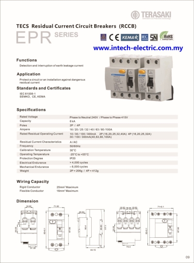 Terasaki TECS - 2 & 4 Pole Residual Currect Circuit Breaker