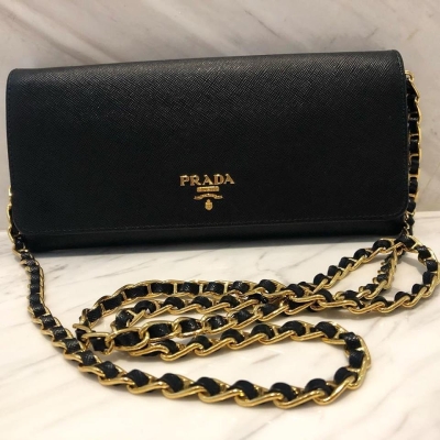 (SOLD) Prada Saffiano Classic Wallet on Chain in Black with GHW