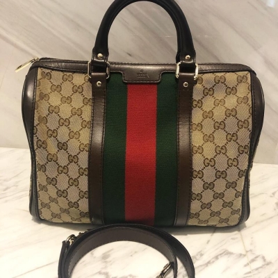 (SOLD) Gucci Web Boston in Brown Leather with Long Strap
