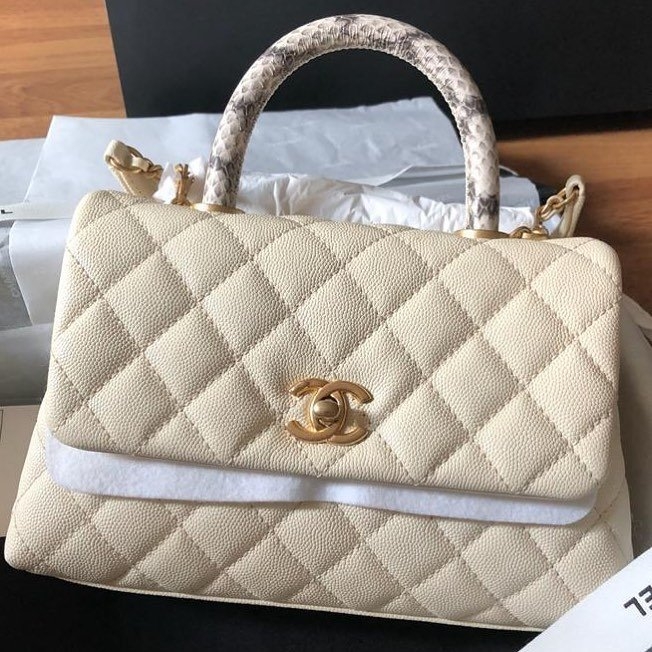 Brand New Chanel Coco Top Handle Small Beige Caviar with Python
