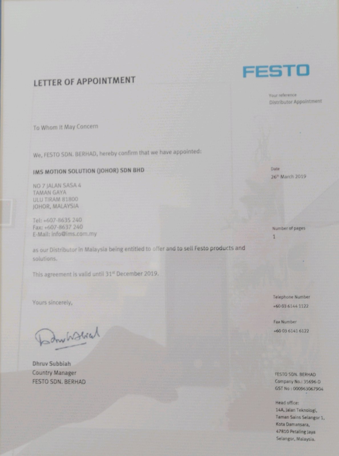 iMS appointed as FESTO Distributor