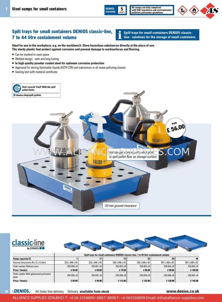 DENIOS Spill Trays for Small Containers in Steel and Stainless Steel DENIOS Spill trays for small containers in steel and stainless steel DENIOS Storing Hazardous Materials Safely - Indoors DENIOS