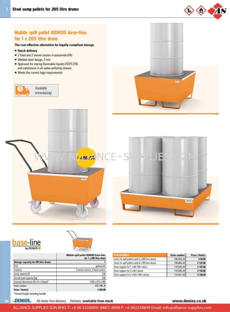 DENIOS Spill Pallets in Steel for Drums and Small Containers DENIOS Spill pallets in steel for drums and small containers DENIOS Storing Hazardous Materials Safely - Indoors DENIOS