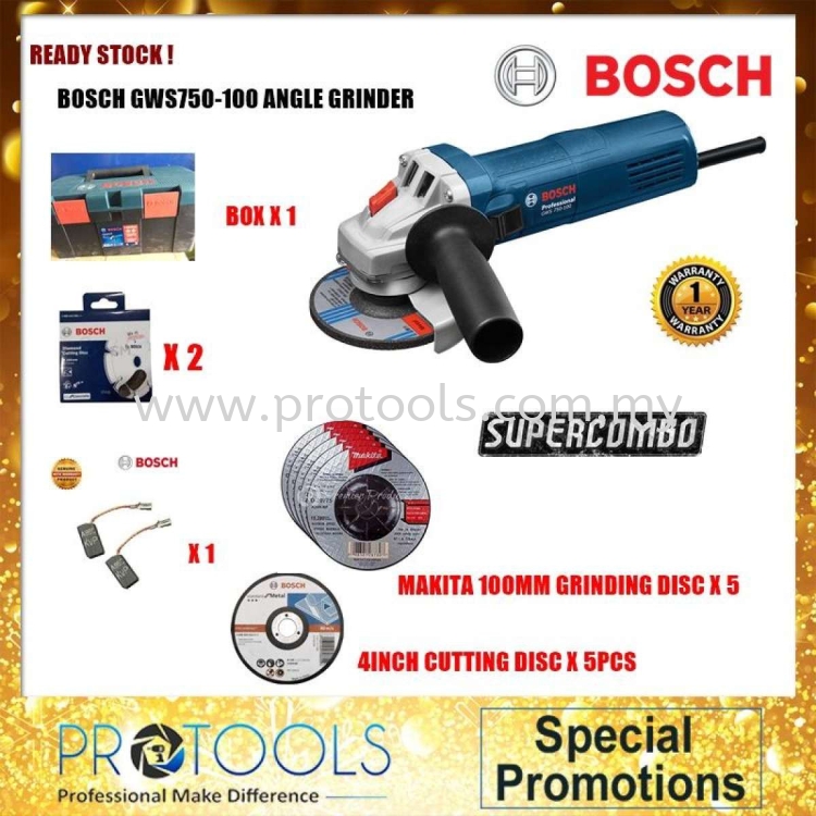 BOSCH GWS750-100 ANGLE GRINDER C/W FREE 1 SET x 2 PCS CARBON BRUSH & BOSCH TOOL BOX + 5 x MAKITA GRINDING DISC + 5 x CUTTING DISC (LIMITED UNIT)