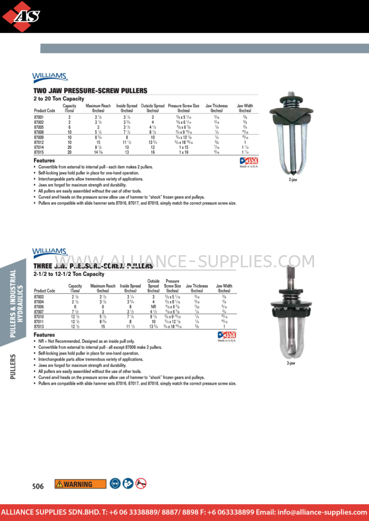  WILLIAMS Pullers WILLIAMS Pullers WILLIAMS Pullers and Industrial Hydraulics SNAP-ON / WILLIAMS / SIOUX