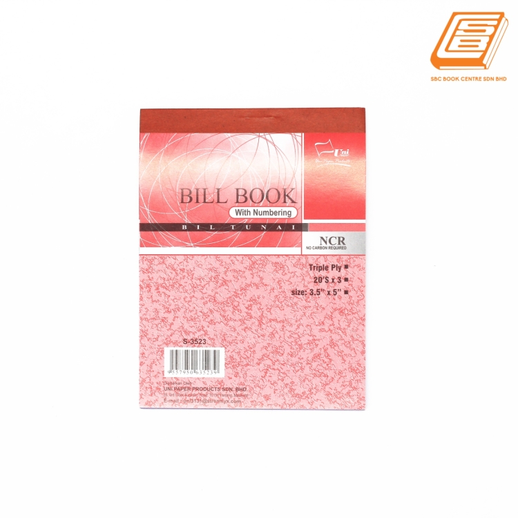 Uni - NCR Bill Book 3ply - 3 x 20 sheets , 89mm x 127mm  - (3523)