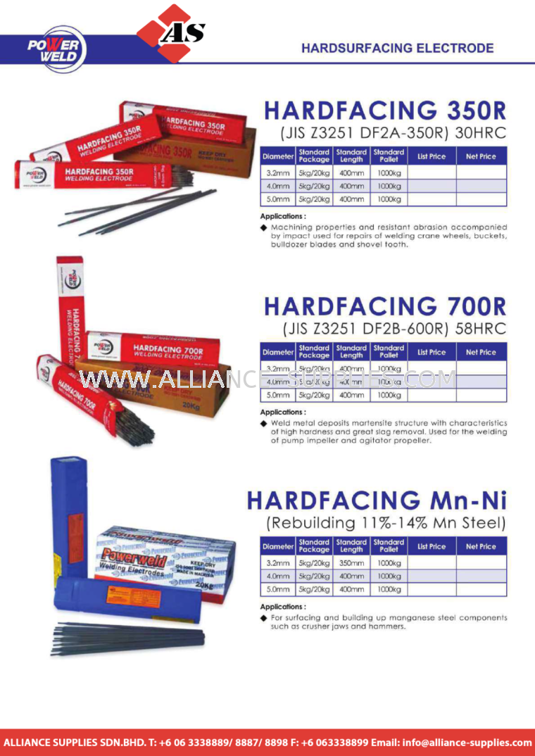  POWER WELD HARDSURFACING ELECTRODE HARDFACING 350R / HARDFACING 700R / HARDFACING Mn-Ni POWER WELD Welding Consumables / AC Transformer WELDING PROFESSIONAL