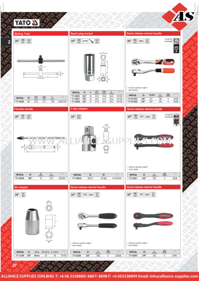 YATO Sliding T-Bar / Spark Plug Socket / Quick Release Ratchet Handle / Flexible / Bit Adapter