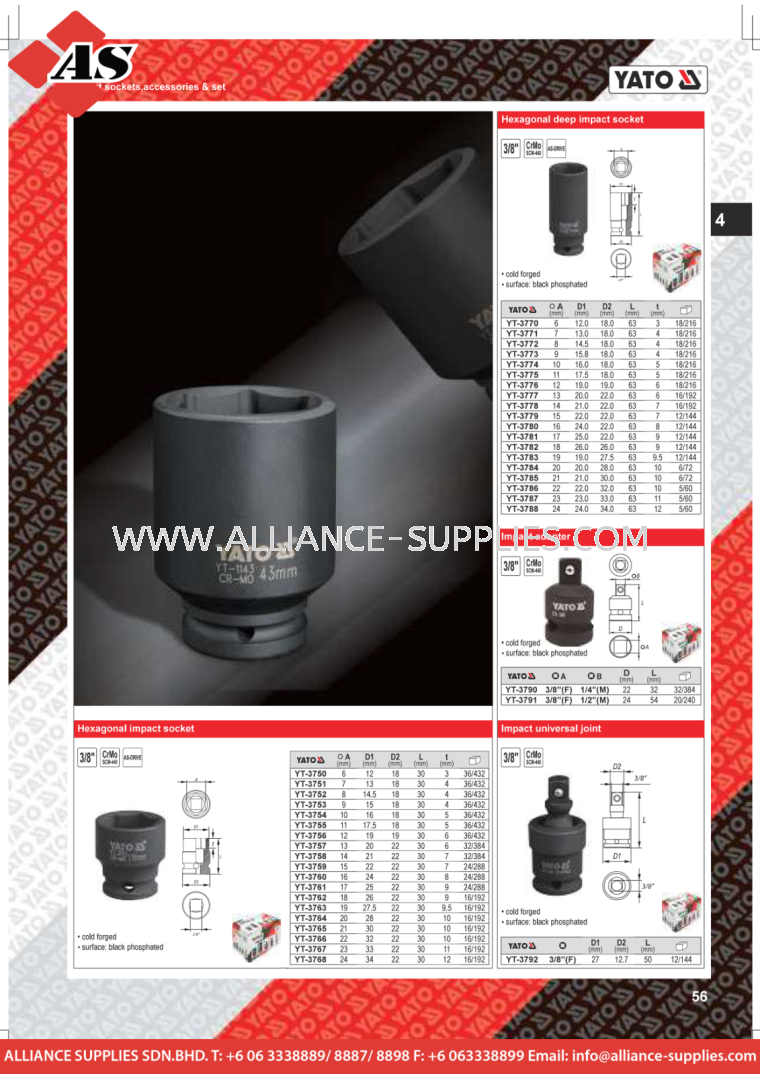 YATO Hexagonal Deep Impact Socket / Impact Adapter / Impact Universal Joint YATO Impact Sockets, Accessories and Sets YATO