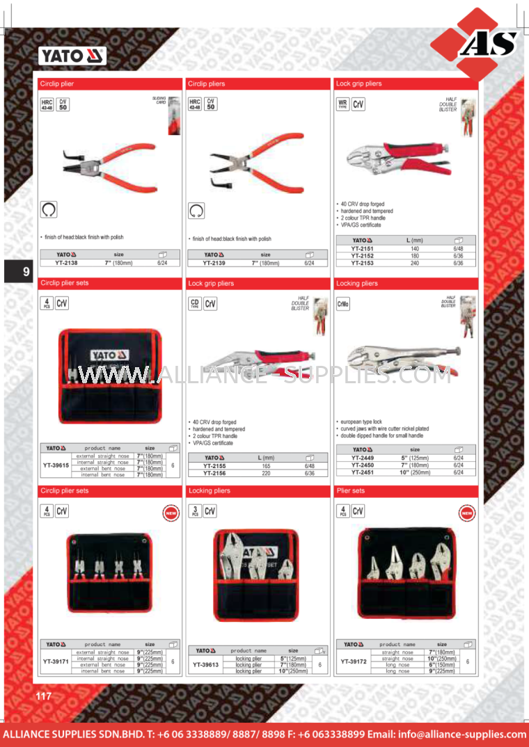 YATO Circlip Plier / Circlip Plier Sets / Lock Grip Pliers / Locking Pliers / Plier Sets YATO Pliers YATO