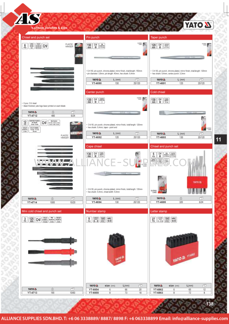 YATO Chisel & Punch Set / Pin Punch / Taper Punch / Center Punch / Cold Chisel / Cape Chisel  YATO Hammers, Chisels, Punches & Axes YATO