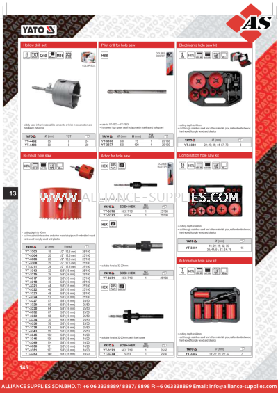 YATO Hollow Drill Set / Pilot Drill for Hole Saw / Electrician's Hole Saw Kit / Bi Metal Hole Saw