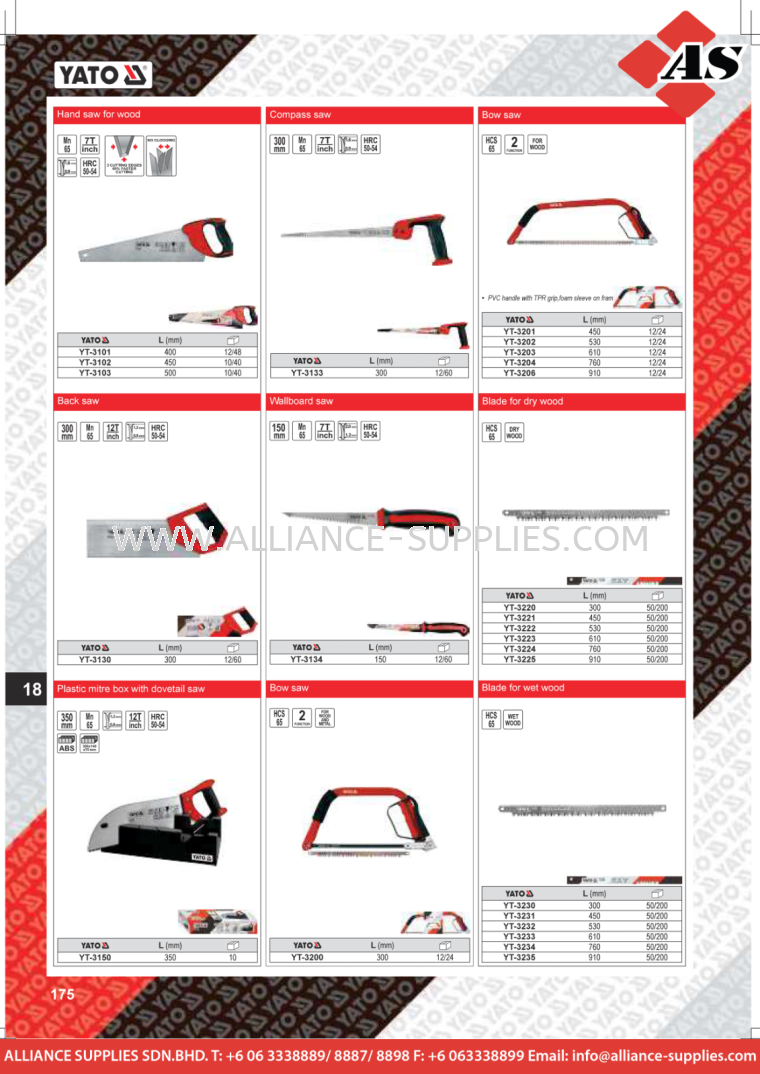 YATO Hand Saw For Wood / Compass Saw / Bow Saw / Back Saw / Wallboard Saw / Blade For Dry Wood YATO Fastening Tools YATO