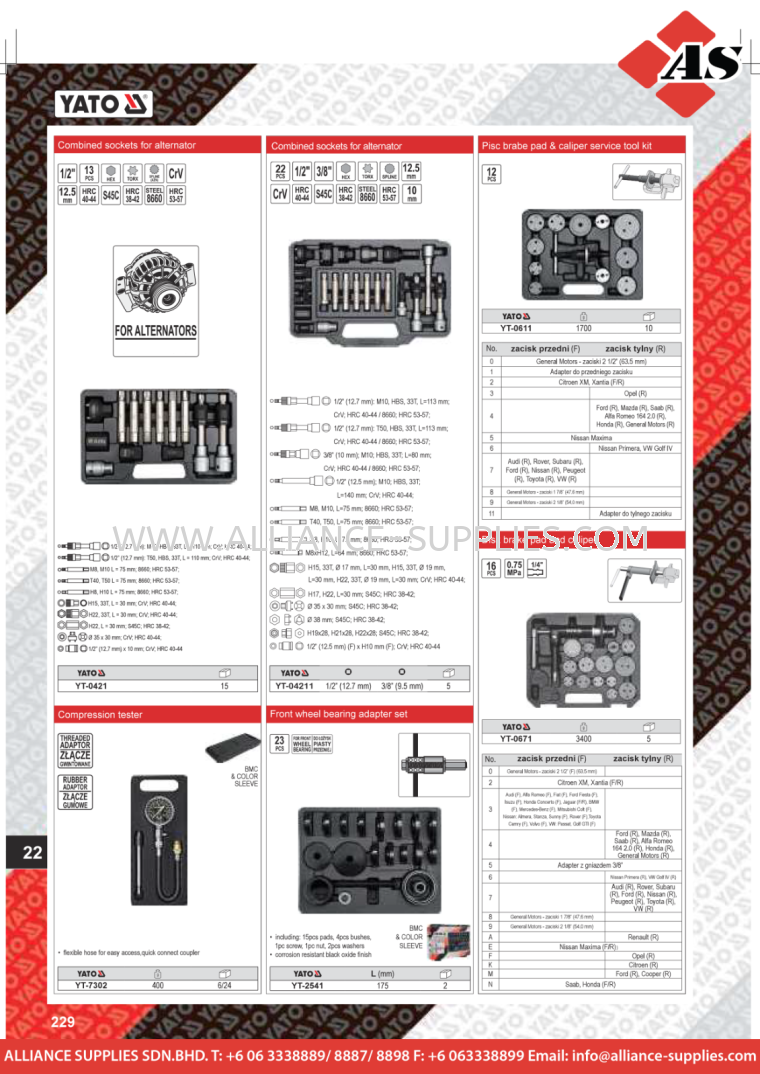 YATO Combined Sockets For Alternator / Compression Tester / Front Wheel Begging Adapter Set  YATO Special Automotive Tools & Equipment YATO