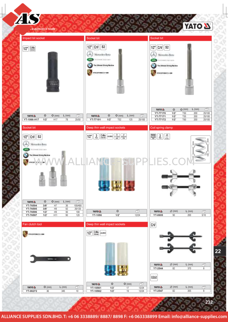 YATO Impact Bit Socket / Deep Thin Wall / Impact Sockets / Fan Clutch Tool / Oil Spring Clamp YATO Special Automotive Tools & Equipment YATO
