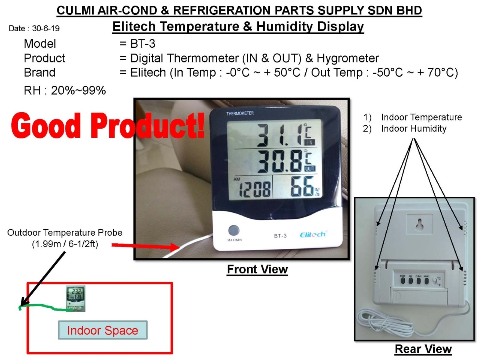 ELITECH DIGITAL THERMOMETER (INDOOR/OUTDOOR) & HYGROMETER BT-3 (PROBE : 1.99M/6-1/2FT)