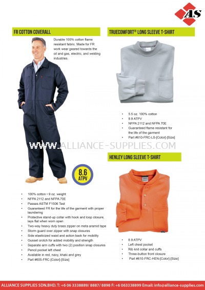 CPA Arc Flash Protection - Daily Wear FR COTTON COVERALL / TRUECOMFORT & HENLEY Long Sleeve T-Shirt 