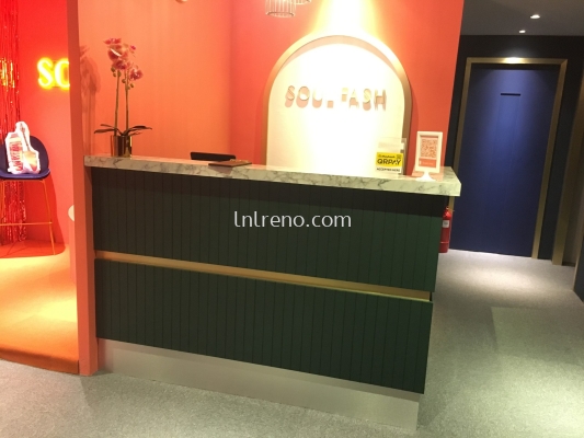 Customize Cashier counter Reception Counter in PJ Selangor Malaysia #plywood #melamine  #veneer #spray paint #laminate #customize #sliding door #glass door #swing door #built in #nyatoh #oak #aluminium door #carcass #panel #fluted panel #drawer #tv hang on panel #partition #box up #counter #cashier #shelves #open shelves