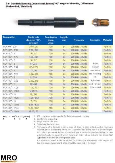 Dynamic Rotating Countersink Probe (100 angle of chamfer, Differential Unshielded / Shielded)