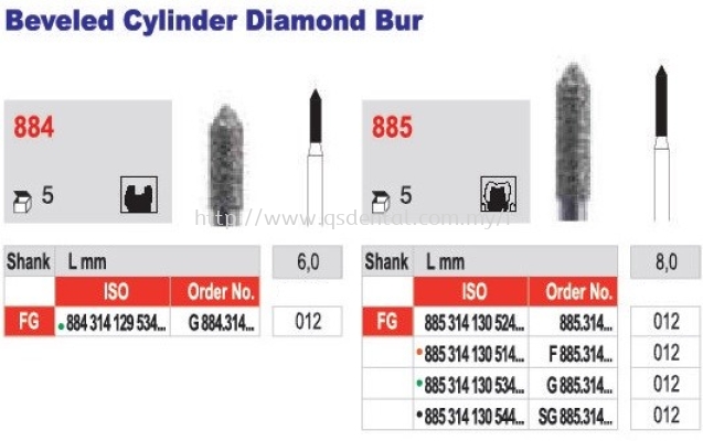 884, 885 Beveled Cylinder Diamond Bur