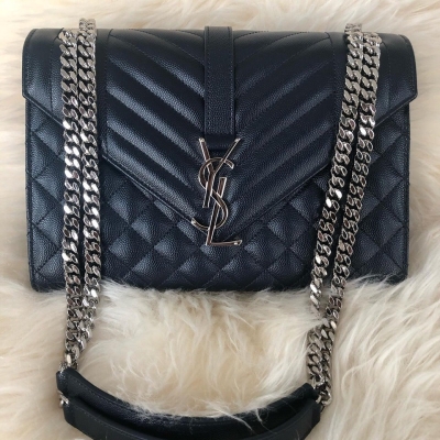 (SOLD) YSL Medium Envelope Silver Chain in Midnight Blue (Crossbody/Shoulder)