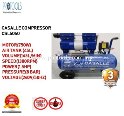 CASALLE AIR COMPRESSOR CSL5050 - OILESS - SILENT COMPRESSOR - 3 MONTH WARRANTY