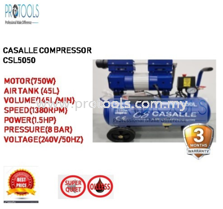 CASALLE AIR COMPRESSOR CSL5050 - OILESS - SILENT COMPRESSOR - 3 MONTH WARRANTY