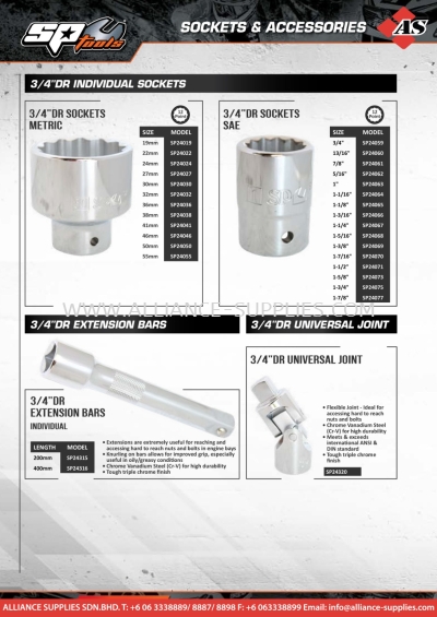 SP TOOLS 3/4"DR INDIVIDUAL Sockets & Accessories