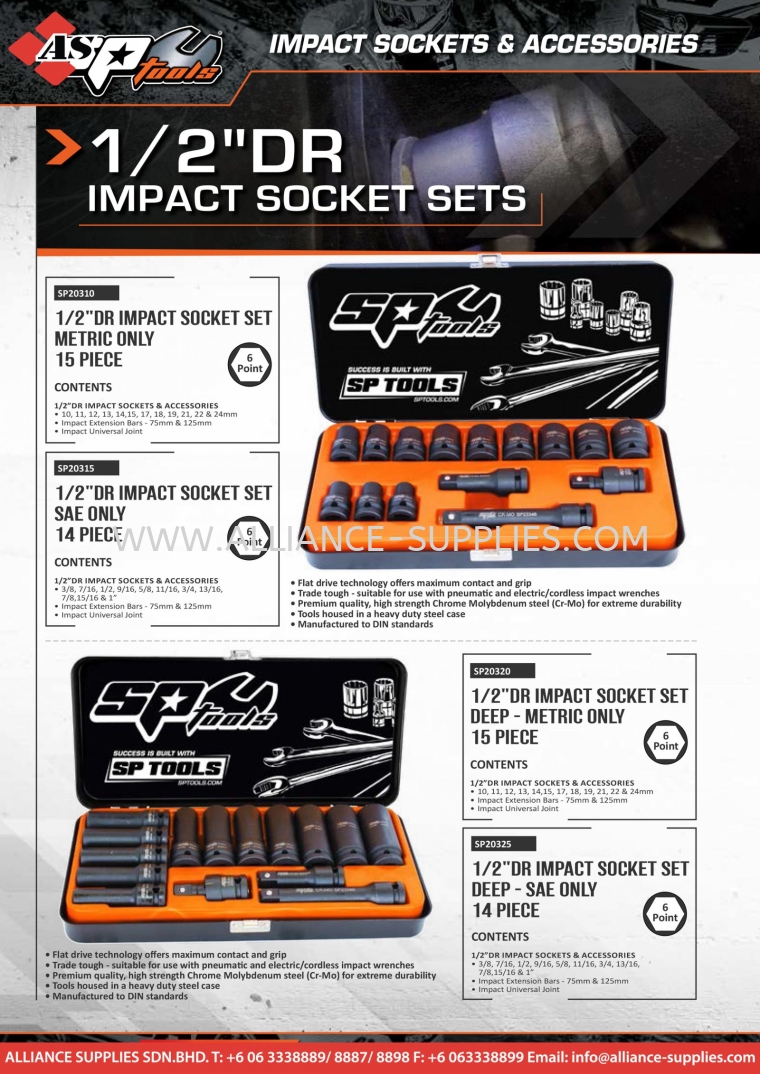 SP TOOLS 1/2" / 3/4" / 1" Dr Impact Socket Sets SP TOOLS Impact Sockets and Accessories SP TOOLS