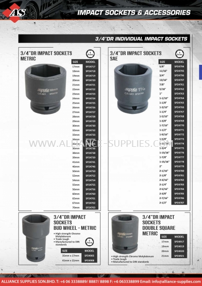 SP TOOLS Individual 3/4" Impact Sockets & Accessories 